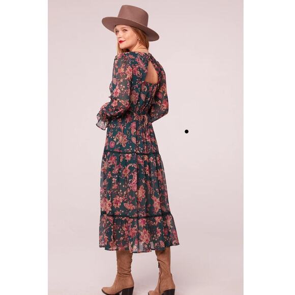 BAND OF THE FREE BOG RUN THE WORLD PINE BERRY PAISLEY EMPIRE WAIST MIDI DRESS S - Picture 3 of 9